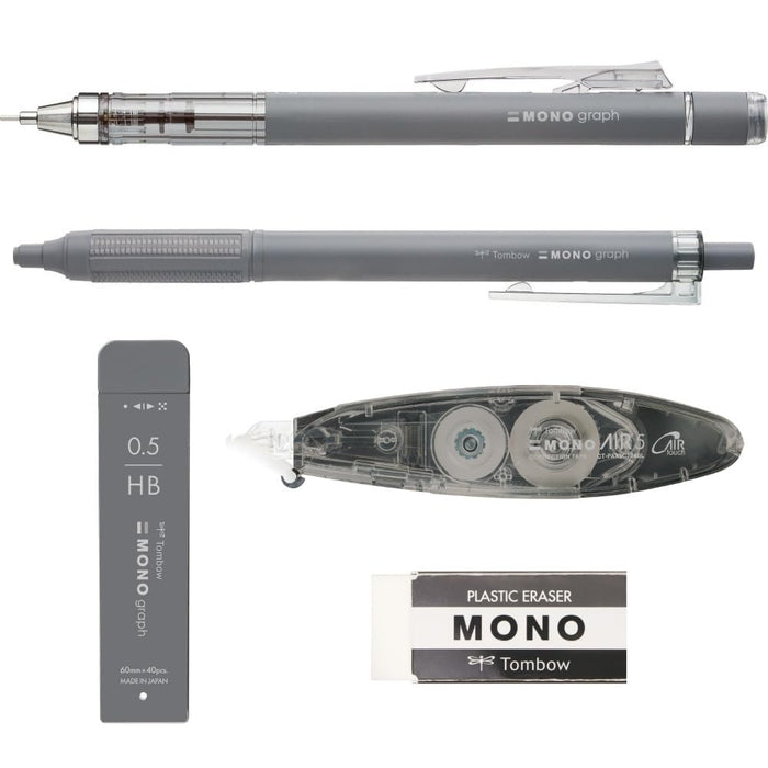 Tombow Mono Grayscale Stationery Set | Dark Gray 5-Piece Mechanical Pencil Lead Eraser Pen Correction Tape-Kiichin - The #1 Place for Japanese Goods in Your Hand!