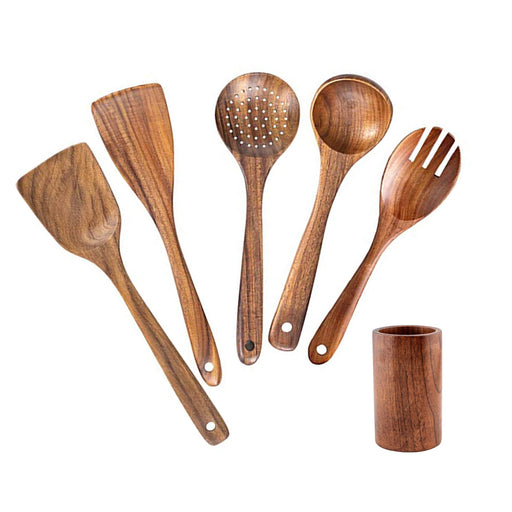 Desirable 5-Piece Acacia Kitchen Tool Set with Holder - Natural Wood Utensils-Kiichin - The #1 Place for Japanese Goods in Your Hand!