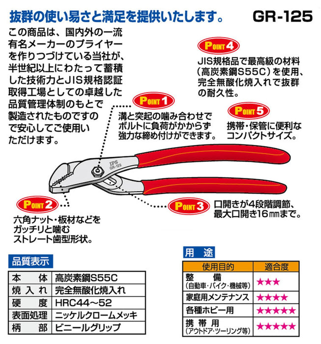 Igarashi Plyer 125mm Grooved Water Pump Pliers GR-125 Made in Tsubame Sanjo Japan-Kiichin - The #1 Place for Japanese Goods in Your Hand!