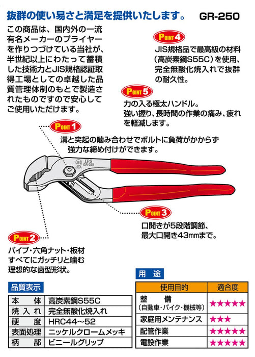 Igarashi Plyer 250mm Grooved Water Pump Pliers GR-250 Made in Japan Tsubame Sanjo-Kiichin - The #1 Place for Japanese Goods in Your Hand!