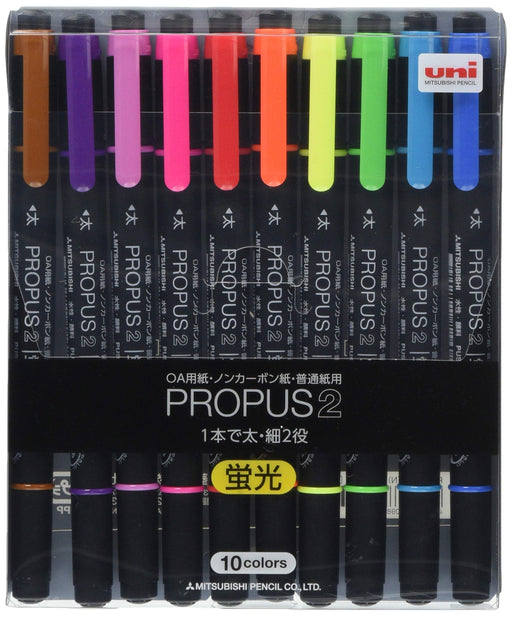 Mitsubishi Pencil Propass 2 Highlighter 10 Vibrant Colors Pack - PUS101TN10C-Kiichin - The #1 Place for Japanese Goods in Your Hand!