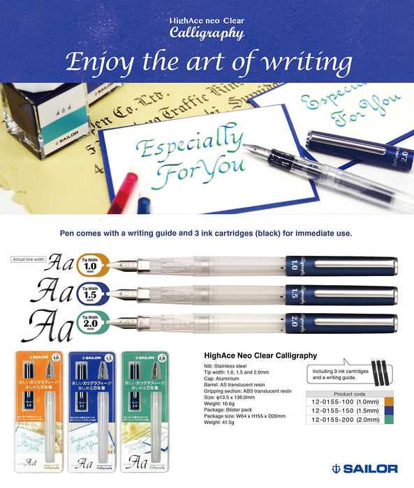Sailor Fountain Pen Hiace Neo Clear 1.0mm Calligraphy Width Model 12-0155-100-Kiichin - The #1 Place for Japanese Goods in Your Hand!