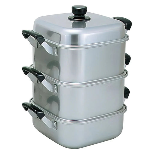 Akao Aluminium 28cm 3-Tier Square Steamer - Efficient and Versatile Cooking Solution-Kiichin - The #1 Place for Japanese Goods in Your Hand!