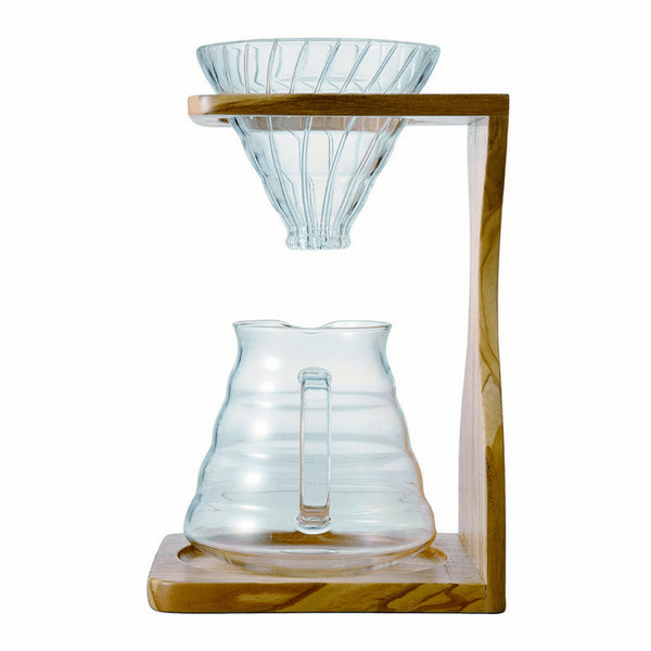 Hario V60 Olive Wood Stand & Heat Resistant Glass Coffee Server 02 Set - Premium Quality Coffee Brewing Set-Kiichin - The #1 Place for Japanese Goods in Your Hand!